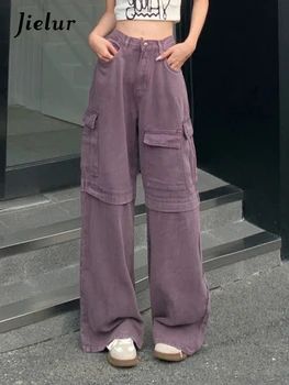 Jielur סגול בציר רופף ג 'ינס מקרית גבוהה המותניים חדש של נשים מטען מכנסיים באורך מלא סלים בסגנון אמריקאי אופנה ג' ינס הנשי